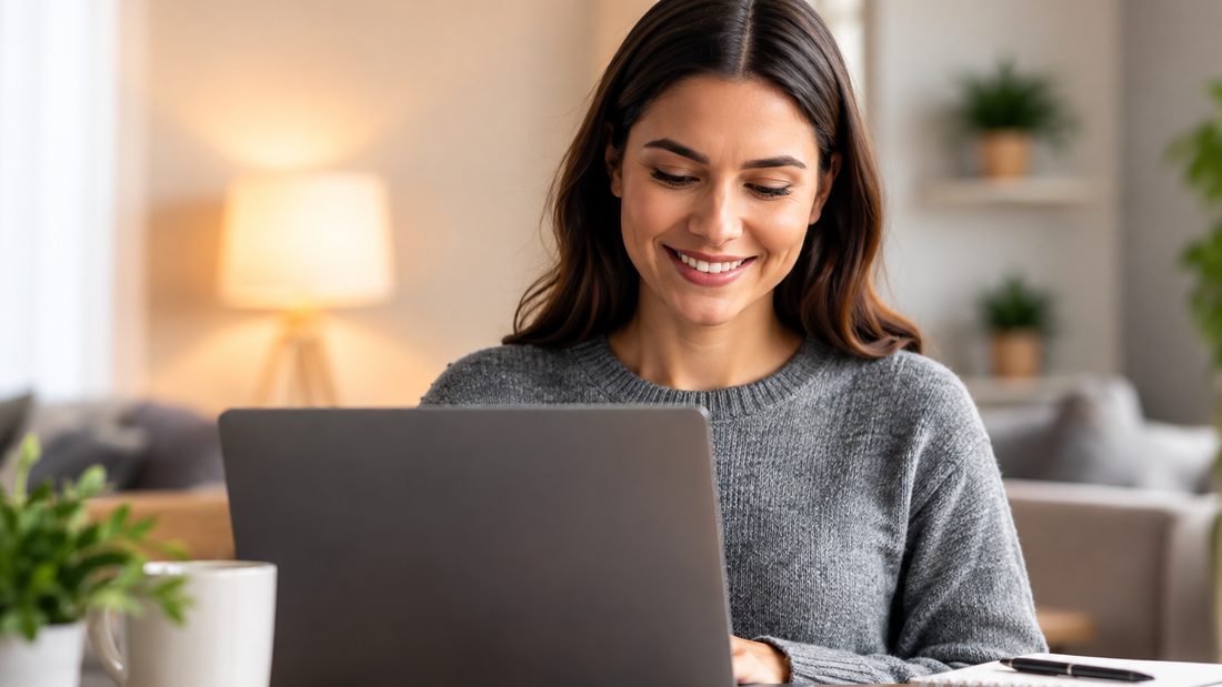A woman working at a laptop at her kitchen table