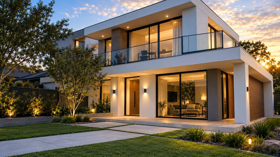 A modern Australian house at dusk